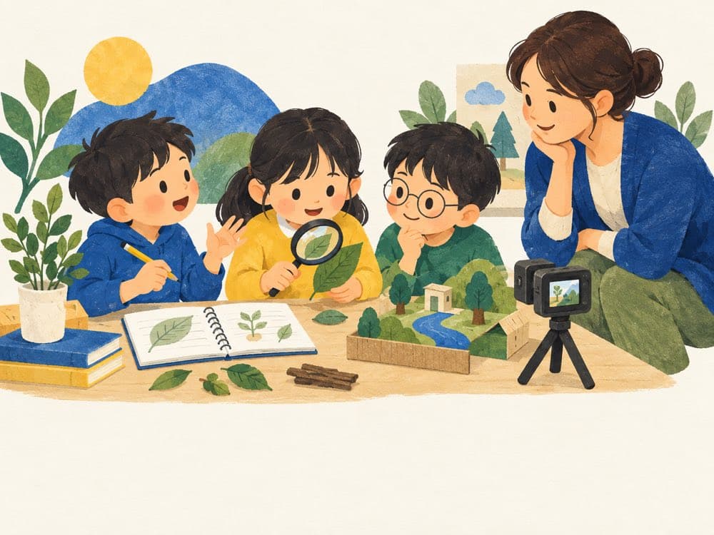 노트와 나뭇잎, 카메라를 놓고 함께 탐구하는 아이들과 이야기를 듣는 교사의 일러스트