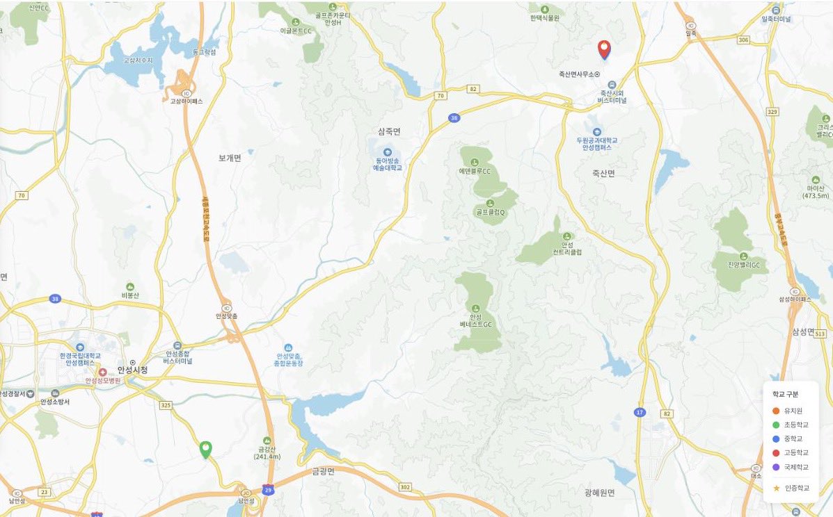 경기 안성시의 IB 인증학교 위치를 표시한 아이비스쿨 지도 화면