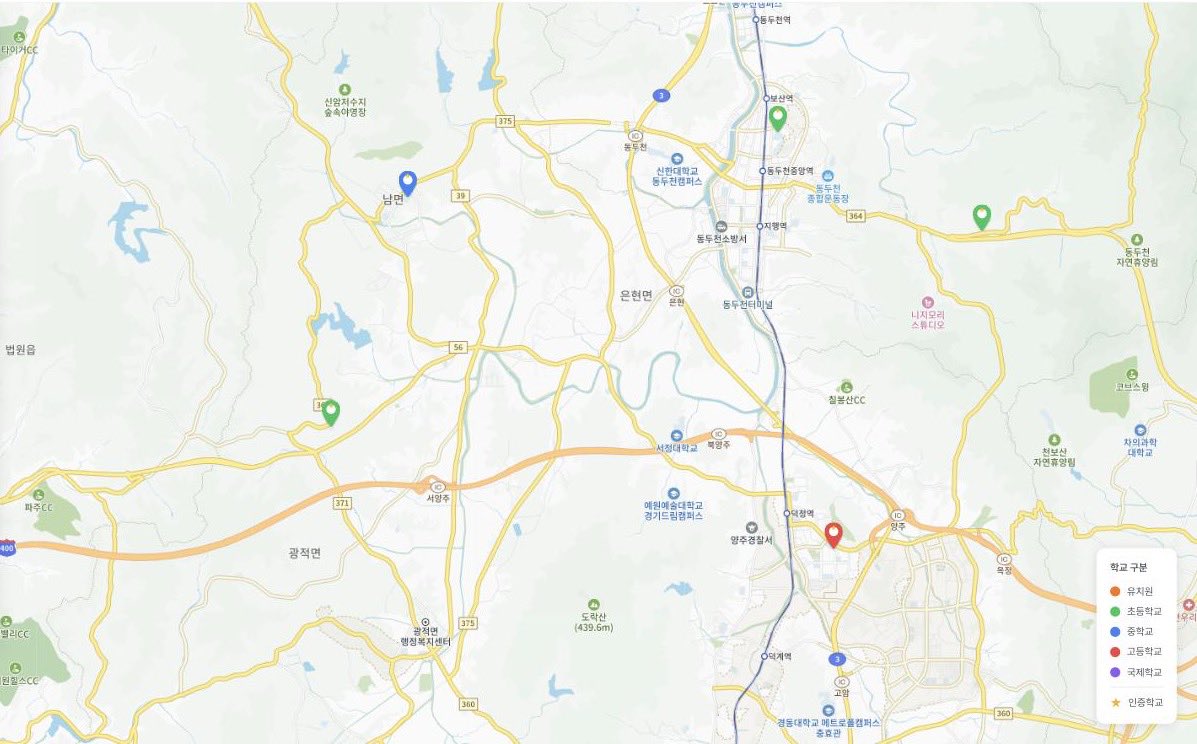 경기 양주시의 IB 인증학교 위치를 표시한 아이비스쿨 지도 화면