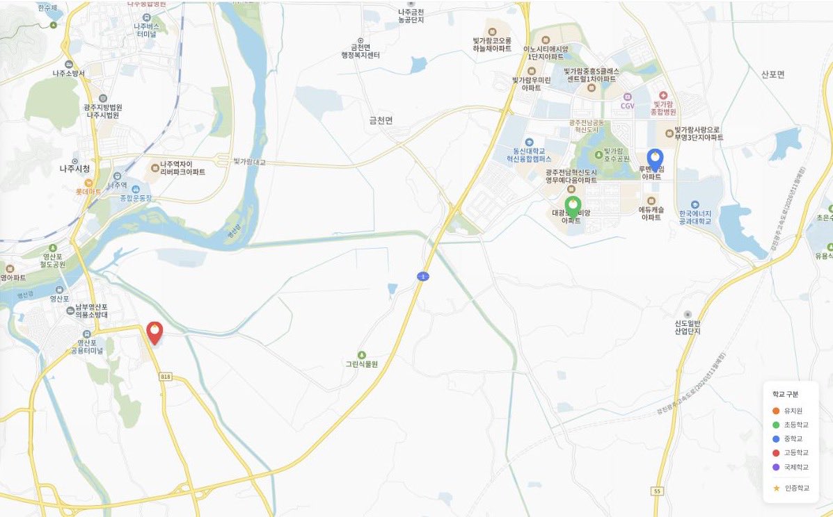 전남광주 나주시의 IB 인증학교 위치를 표시한 아이비스쿨 지도 화면